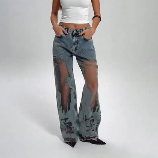Damejeans med vintage-trykk og mesh-patchwork