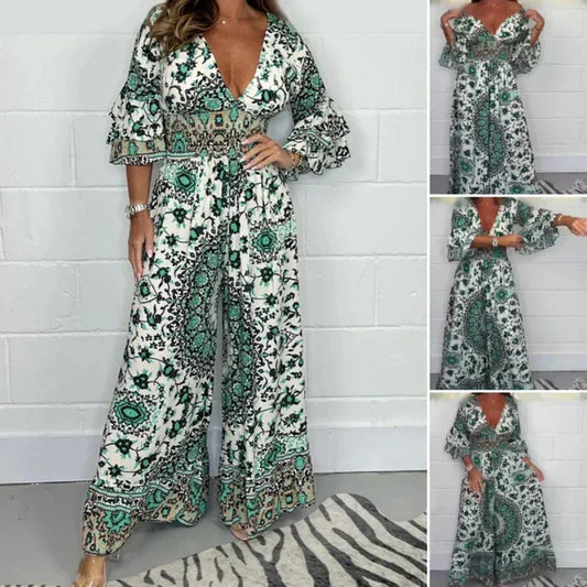 Jumpsuit med trykk og V-hals for kvinner