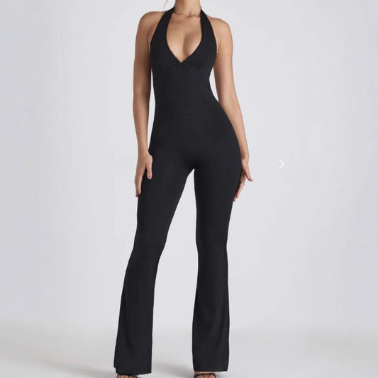 Ensfarget, lavskåret, tettsittende, ermeløs jumpsuit