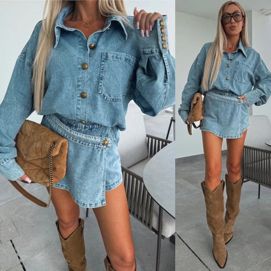 ✨Tidlig sommer nytt✨Sommersett i denim for damer med overdimensjonert skjorte og skjørt shorts