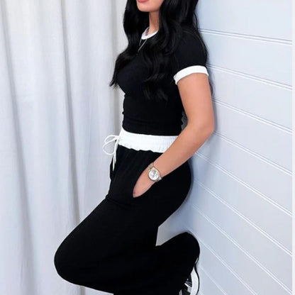 Ribbestrikket loungesett for kvinner med crop top og bukser med vide ben