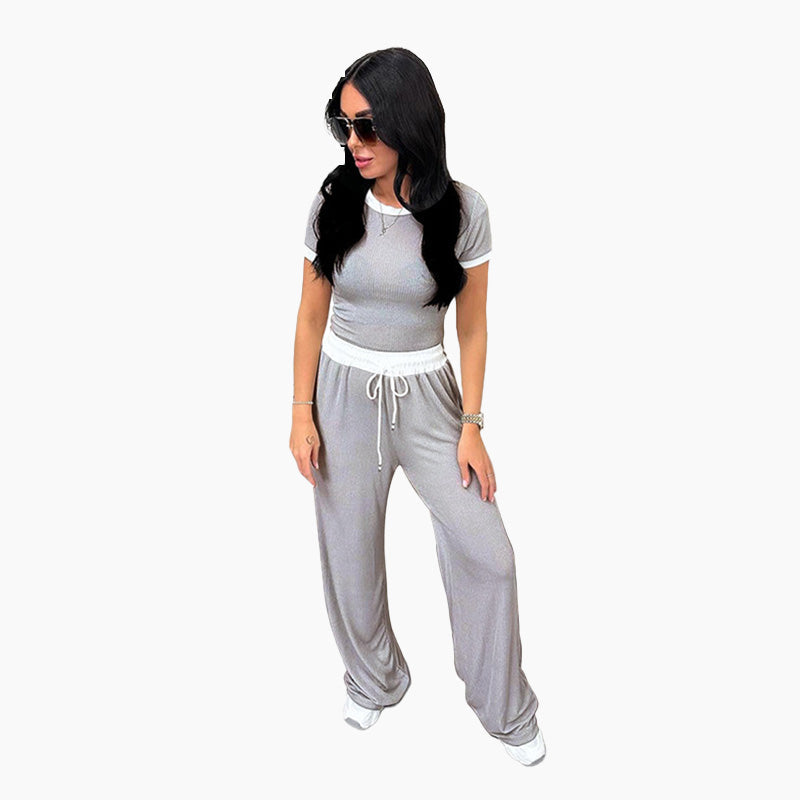 Ribbestrikket loungesett for kvinner med crop top og bukser med vide ben