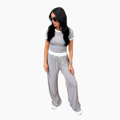 Ribbestrikket loungesett for kvinner med crop top og bukser med vide ben