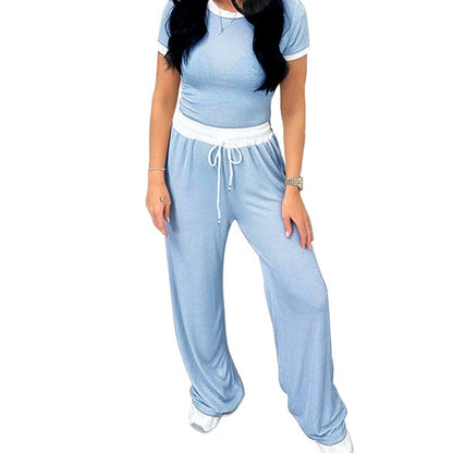 Ribbestrikket loungesett for kvinner med crop top og bukser med vide ben
