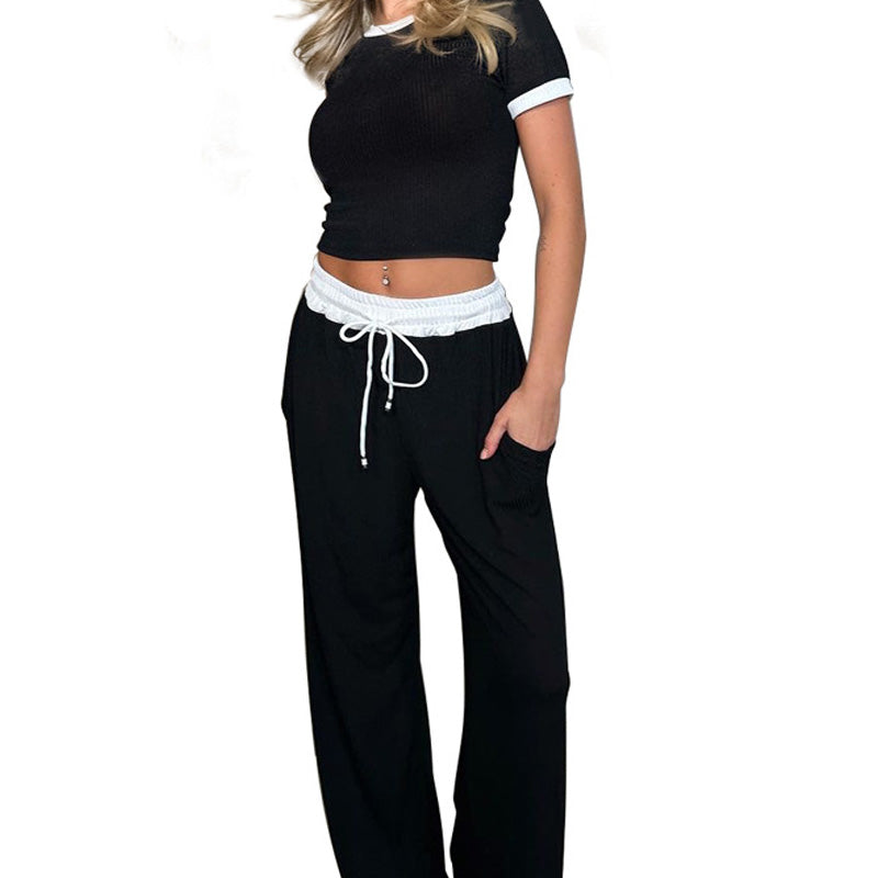 Ribbestrikket loungesett for kvinner med crop top og bukser med vide ben