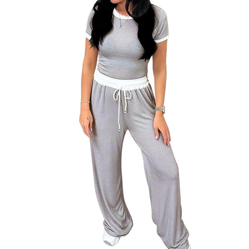 Ribbestrikket loungesett for kvinner med crop top og bukser med vide ben