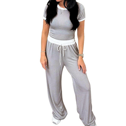 Ribbestrikket loungesett for kvinner med crop top og bukser med vide ben