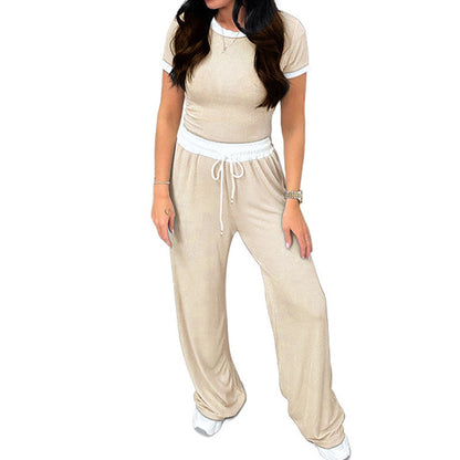 Ribbestrikket loungesett for kvinner med crop top og bukser med vide ben