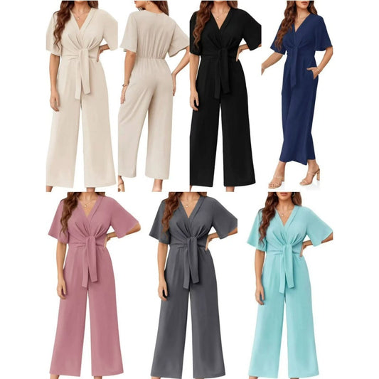 Elegant V-hals jumpsuit med vid midje og slips for kvinner