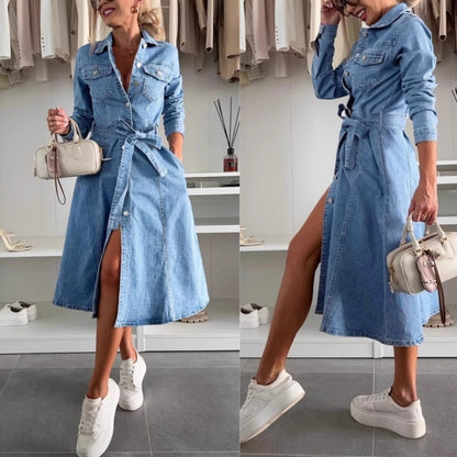 ❤️Langermet denimkjole med knappestolpe for kvinner