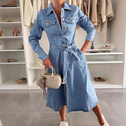 ❤️Langermet denimkjole med knappestolpe for kvinner