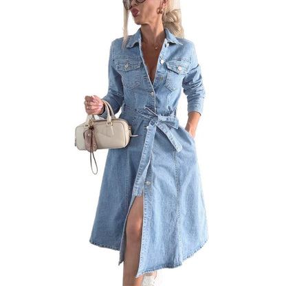 ❤️Langermet denimkjole med knappestolpe for kvinner