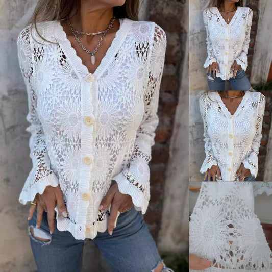 🌸Salg 50% avslag på langarmstopp med V-utringning fra Lace for Women