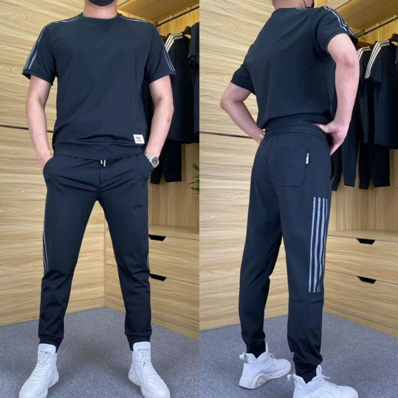 Herresett med høy stretch, kortermet topp og joggebukse med 2 stk.