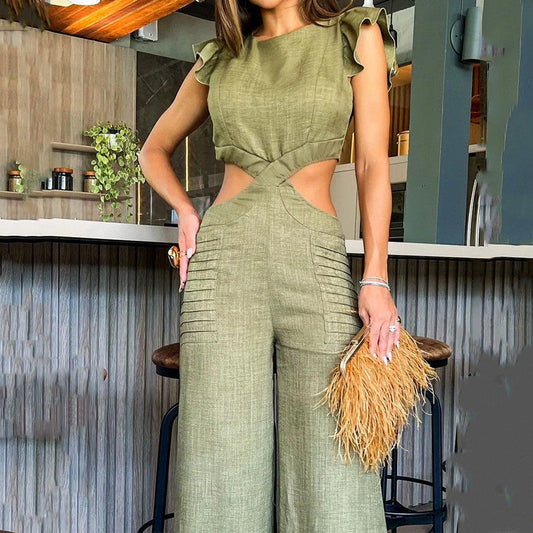 💝Elegant, ensfarget jumpsuit med volanger for kvinner