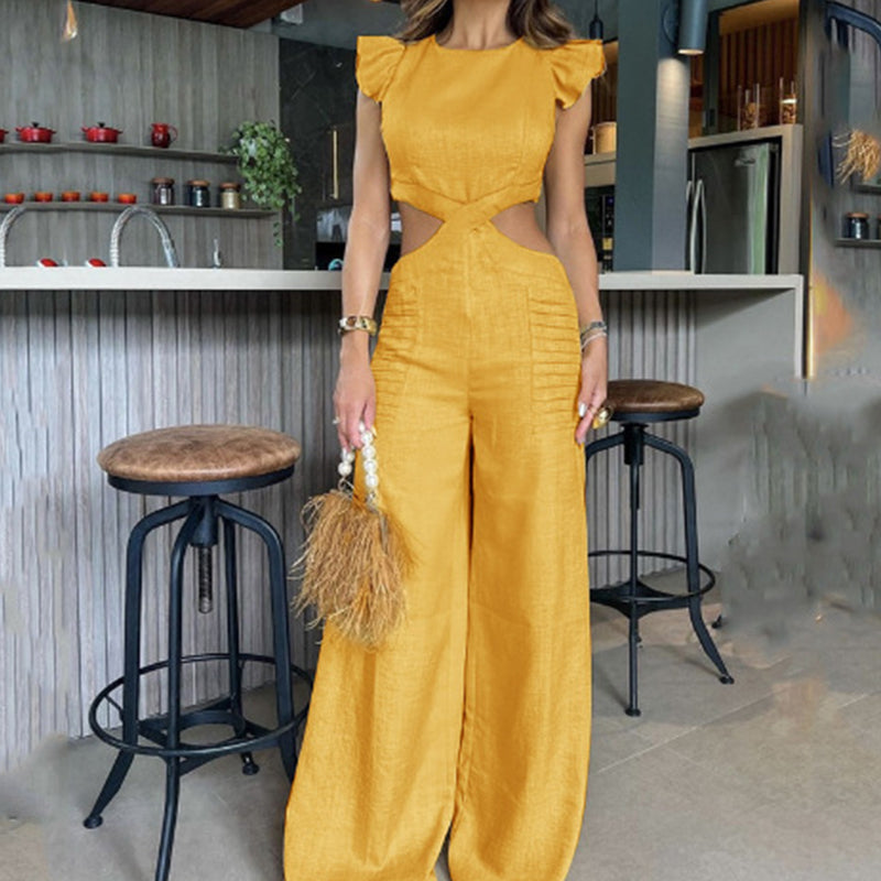 💝Elegant, ensfarget jumpsuit med volanger for kvinner