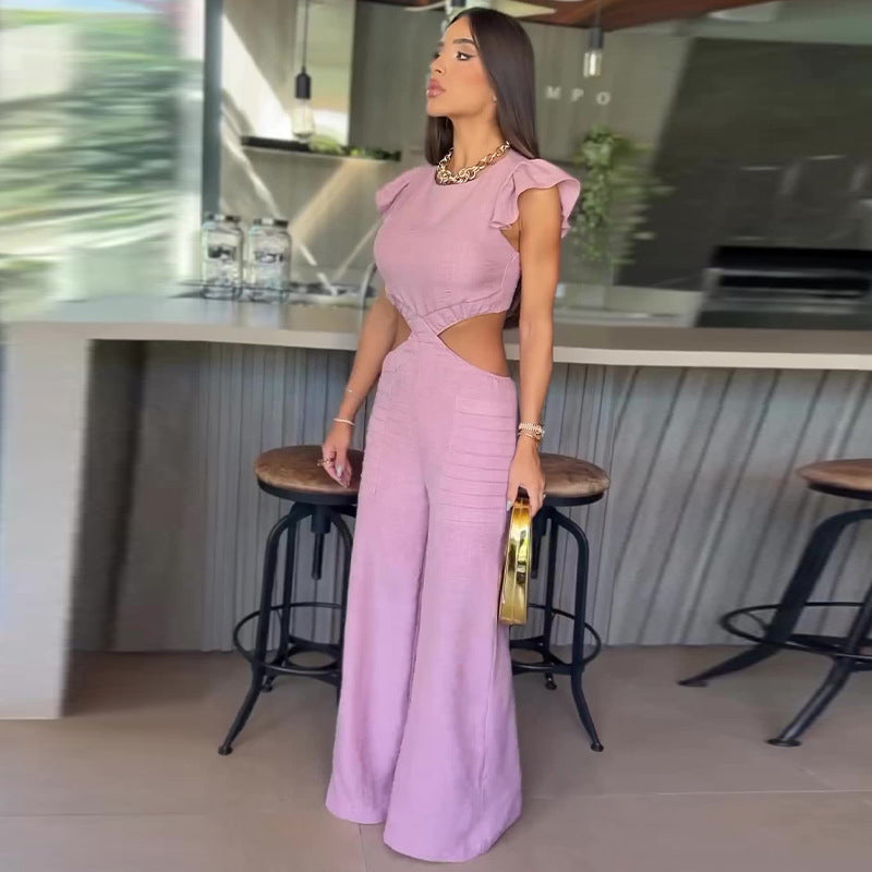 💝Elegant, ensfarget jumpsuit med volanger for kvinner