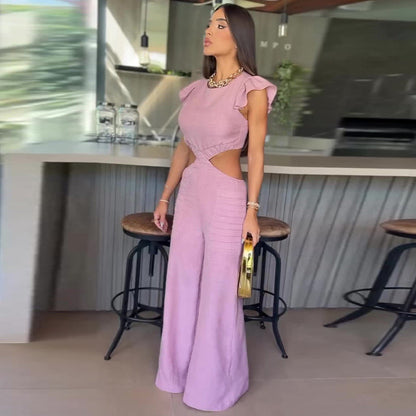 💝Elegant, ensfarget jumpsuit med volanger for kvinner