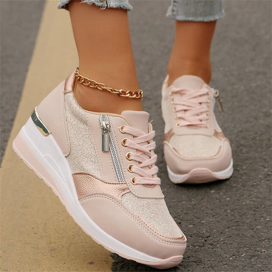 Dame–Casual Mesh Sneakers med Snekkerhæl og Sidelås