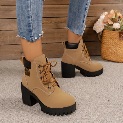 🔥【35-42】 👢✨2025 Høstens nyhet: Ankelstøvler med tykke hæler og plattformer – retro snørestil for kvinner
