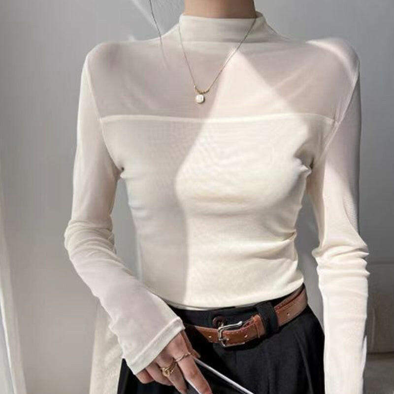 💃Siste dag med salg -50 % rabatt🎉Sparkle Mesh Sheer langermet topp med rynk for kvinner