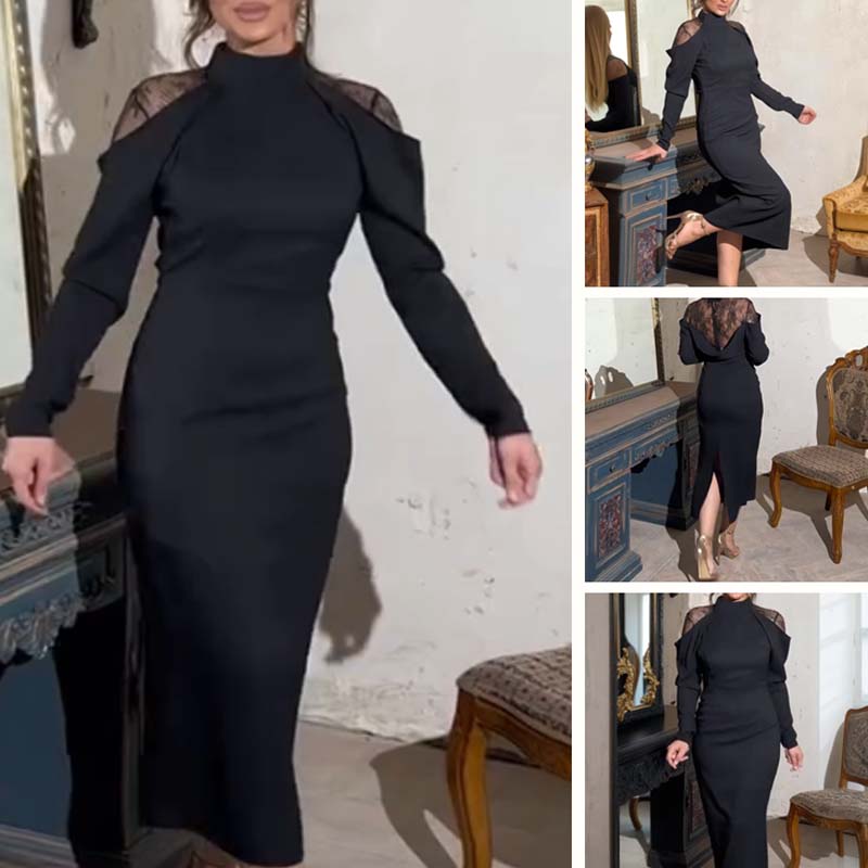 Elegant midi-kjole med høyhalset blonderrygg for kvinner
