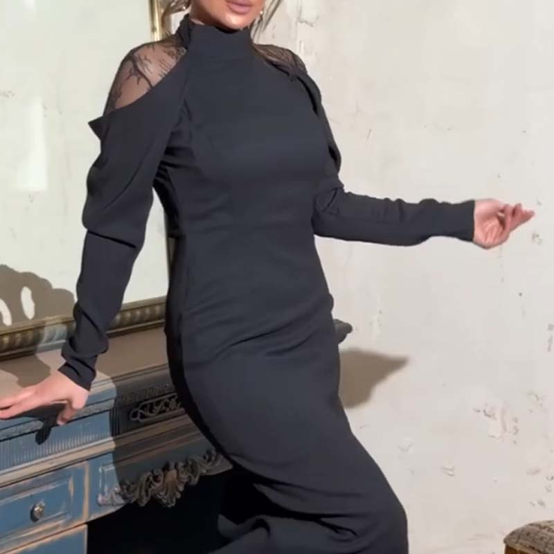 Elegant midi-kjole med høyhalset blonderrygg for kvinner