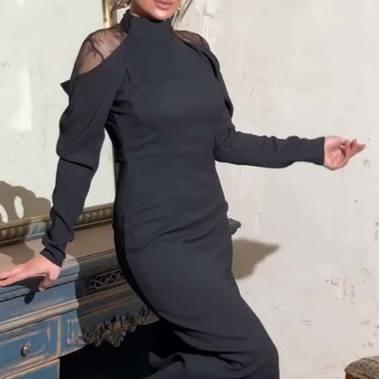Elegant midi-kjole med høyhalset blonderrygg for kvinner