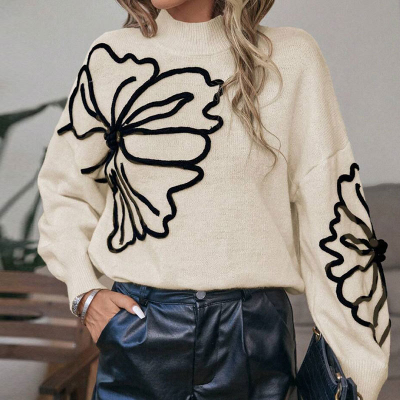 Lang ermet genser med blomstret mokkahals for kvinner