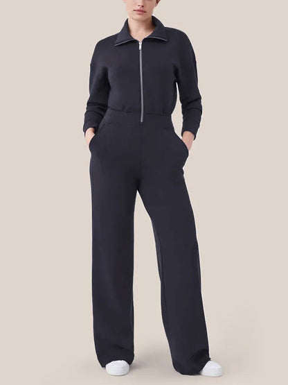 🔥AirEase Sleeve Wide-Leg Jumpsuit –👏4-veis stretch, glidelås foran og praktiske lommer!