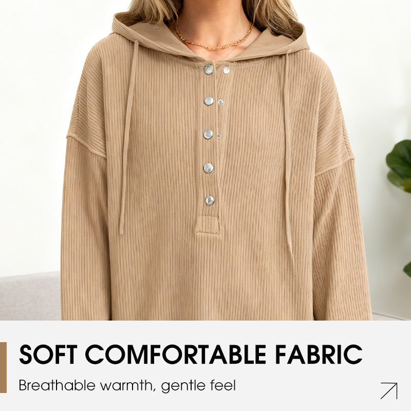 🎉🧥 Langermet hettegenser for damer – V-hals med knappedetaljer, avslappet passform og sideslisser – uanstrengt stilig🌸✨