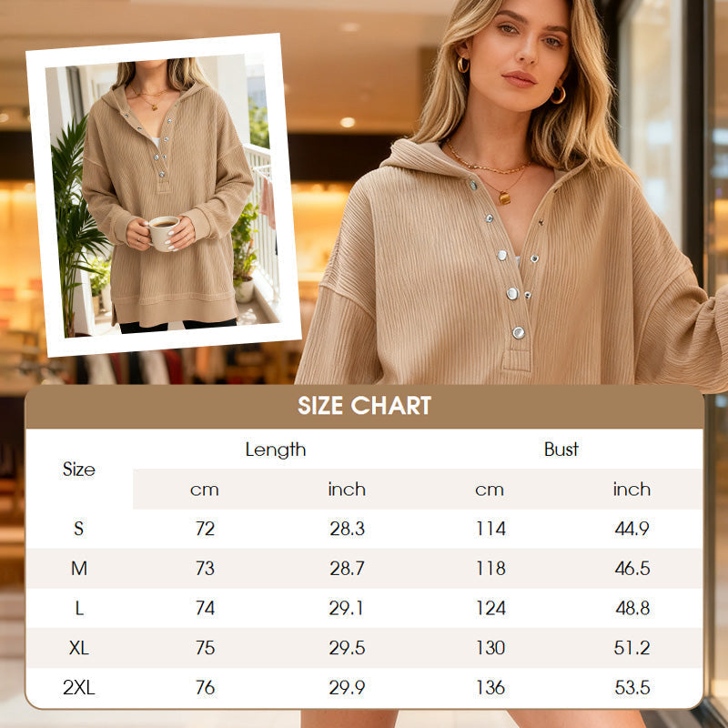 🎉🧥 Langermet hettegenser for damer – V-hals med knappedetaljer, avslappet passform og sideslisser – uanstrengt stilig🌸✨