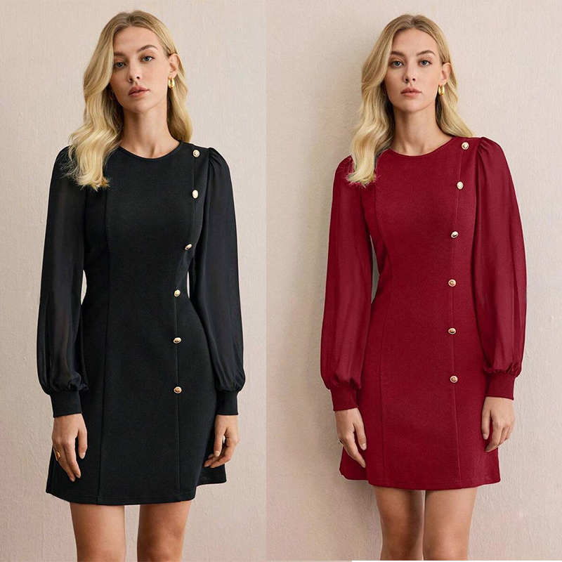Elegant langermet kjole med asymmetrisk knappdetalj