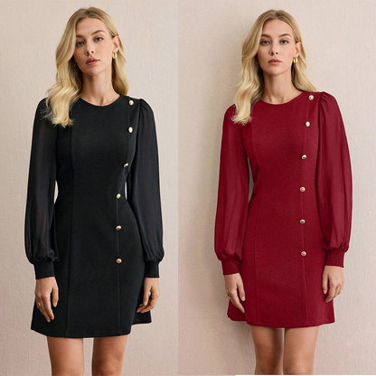 Elegant langermet kjole med asymmetrisk knappdetalj