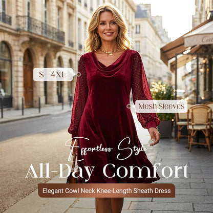 👗Elegant, knelang etuikjole med cowl-hals til damer✨