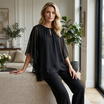 🔥Elegant todelt sett: bluse med asymmetrisk kant og vide bukser