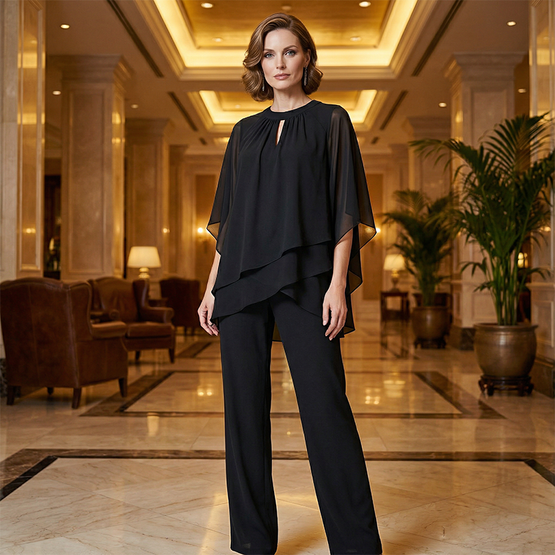 🔥Elegant todelt sett: bluse med asymmetrisk kant og vide bukser