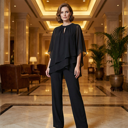 🔥Elegant todelt sett: bluse med asymmetrisk kant og vide bukser