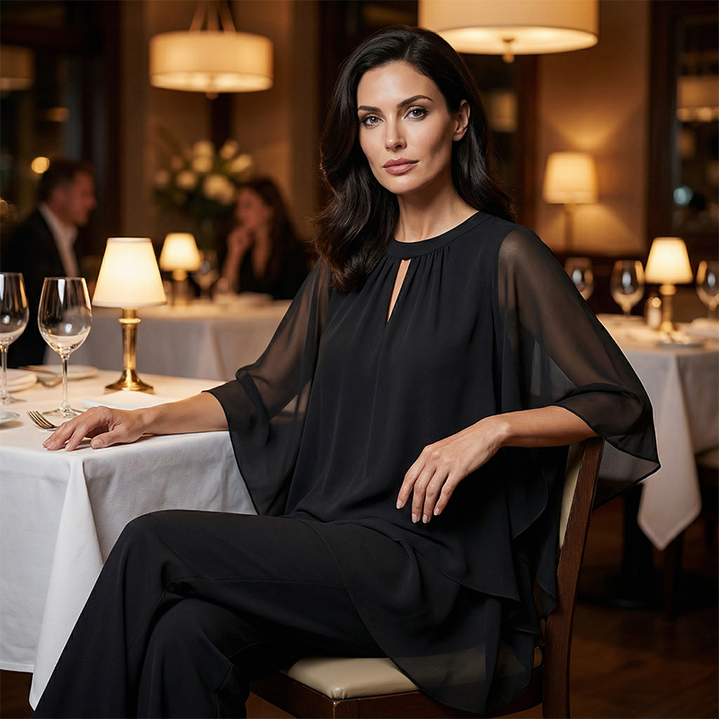 🔥Elegant todelt sett: bluse med asymmetrisk kant og vide bukser