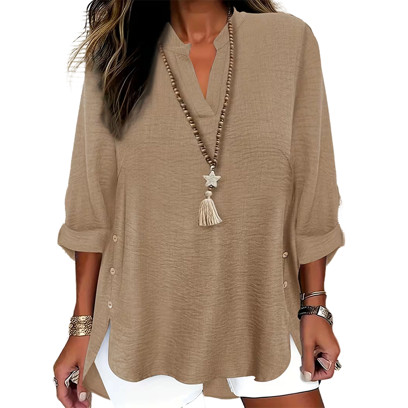 🔥 Hot Sale 🔥 Uformell ensfarget topp med knapper og sidesliss