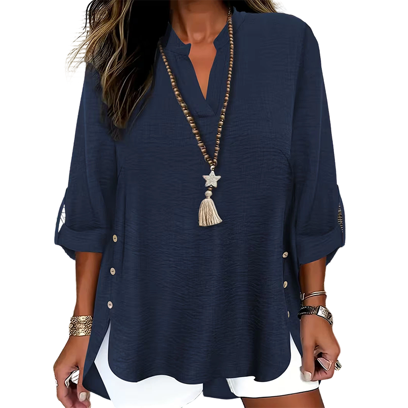 🔥 Hot Sale 🔥 Uformell ensfarget topp med knapper og sidesliss