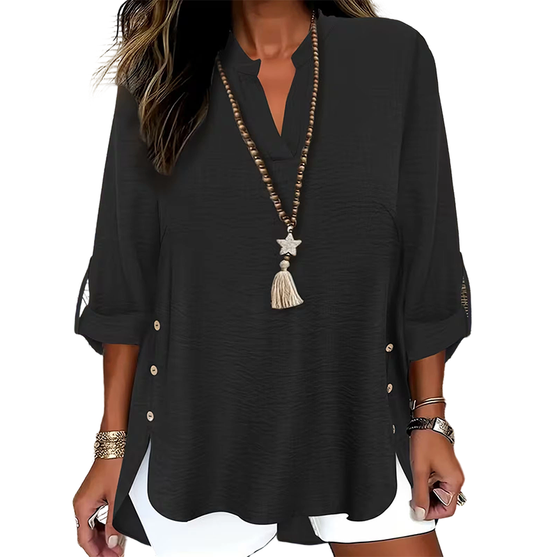 🔥 Hot Sale 🔥 Uformell ensfarget topp med knapper og sidesliss