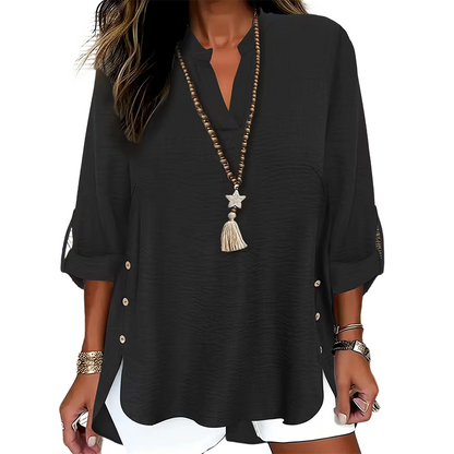 🔥 Hot Sale 🔥 Uformell ensfarget topp med knapper og sidesliss