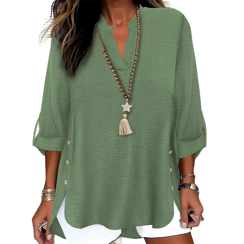 🔥 Hot Sale 🔥 Uformell ensfarget topp med knapper og sidesliss
