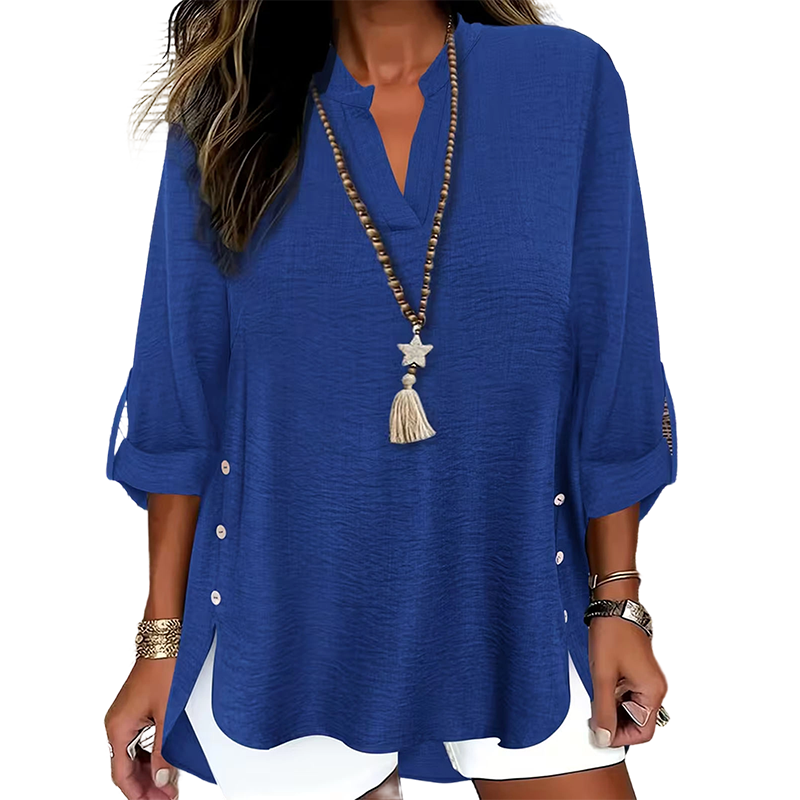 🔥 Hot Sale 🔥 Uformell ensfarget topp med knapper og sidesliss
