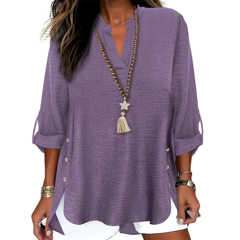 🔥 Hot Sale 🔥 Uformell ensfarget topp med knapper og sidesliss