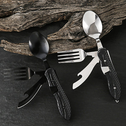 🍴 50% RABATT – 4-i-1 folding outdoor bestikksett – kompakt – rustfritt stål – kniv, gaffel, skje & flaskeåpner – perfekt til camping og friluftsliv