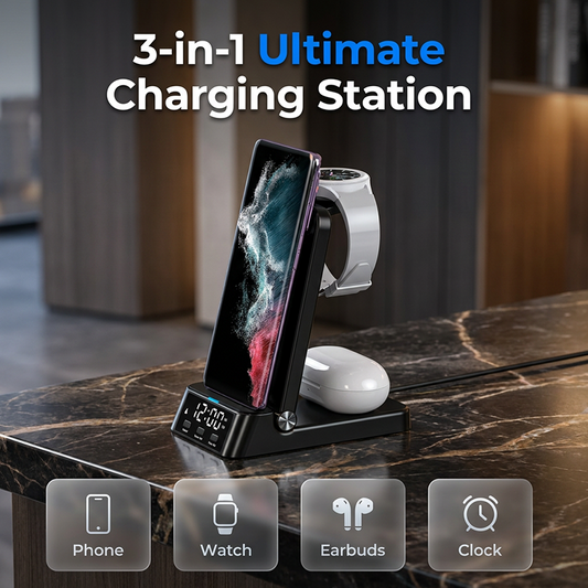 ⏳50 % RABATT I BEGRENSET TID! 🔥⏰3-i-1 hurtiglader med stativ (📱+⌚+🎧)
