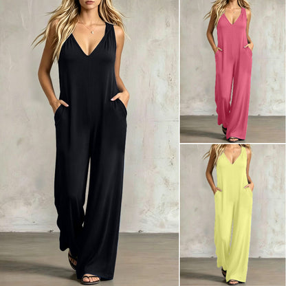 Uanstrengt sommerjumpsuit med V-hals for damer