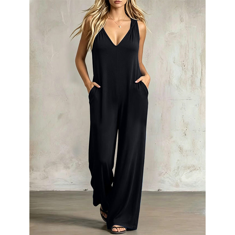 Uanstrengt sommerjumpsuit med V-hals for damer
